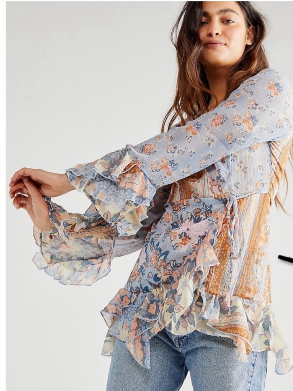 Free People Magic Hour Wrap Top Floral Blouse Blue Brown Boho Small S Soft Girl